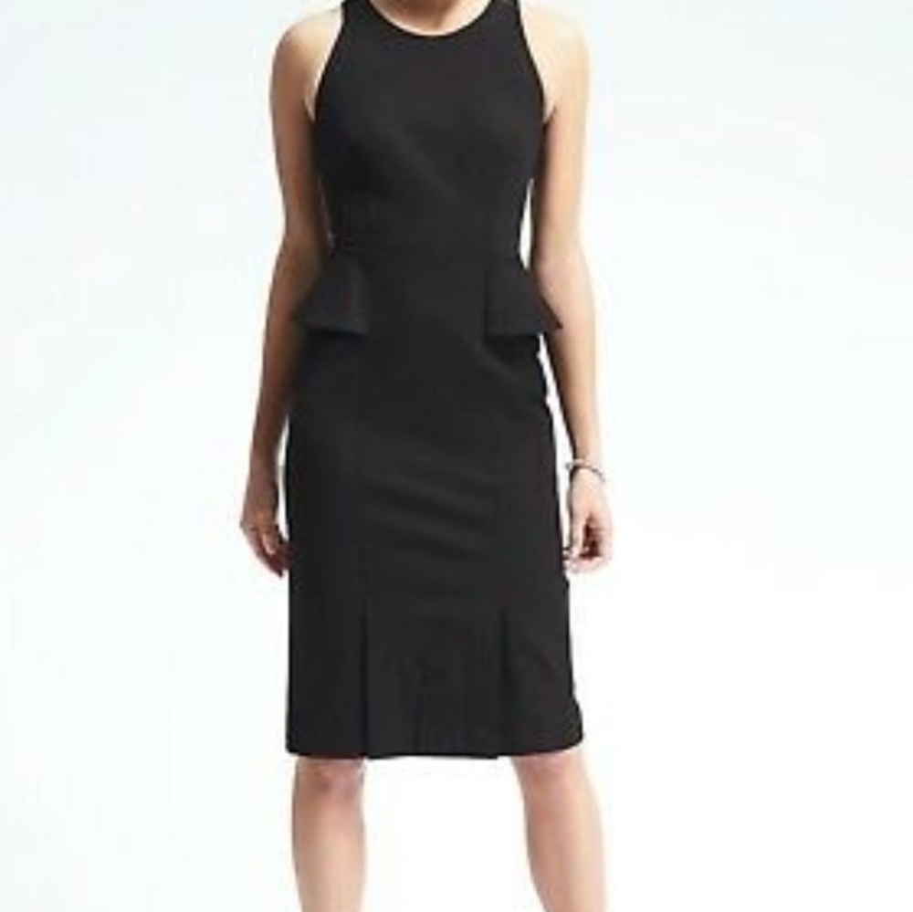 Black Bi-Stretch Sheath Dress with Peplum
